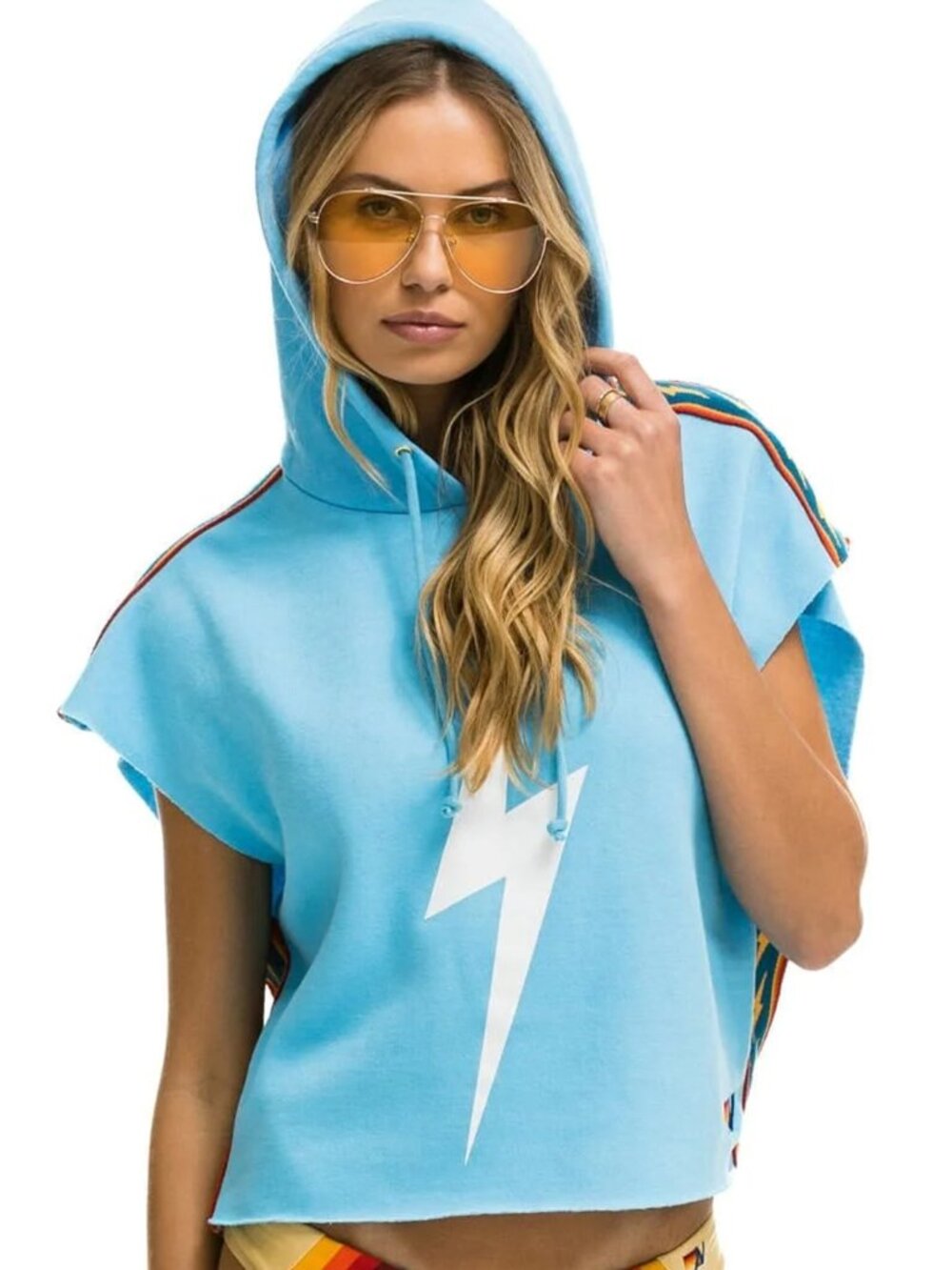 AVIATOR NATION - BOLT STRIPE SLEEVELESS RELAXED CROPPED PULLOVER HOODIE - SKY XS - Picture 1 of 12